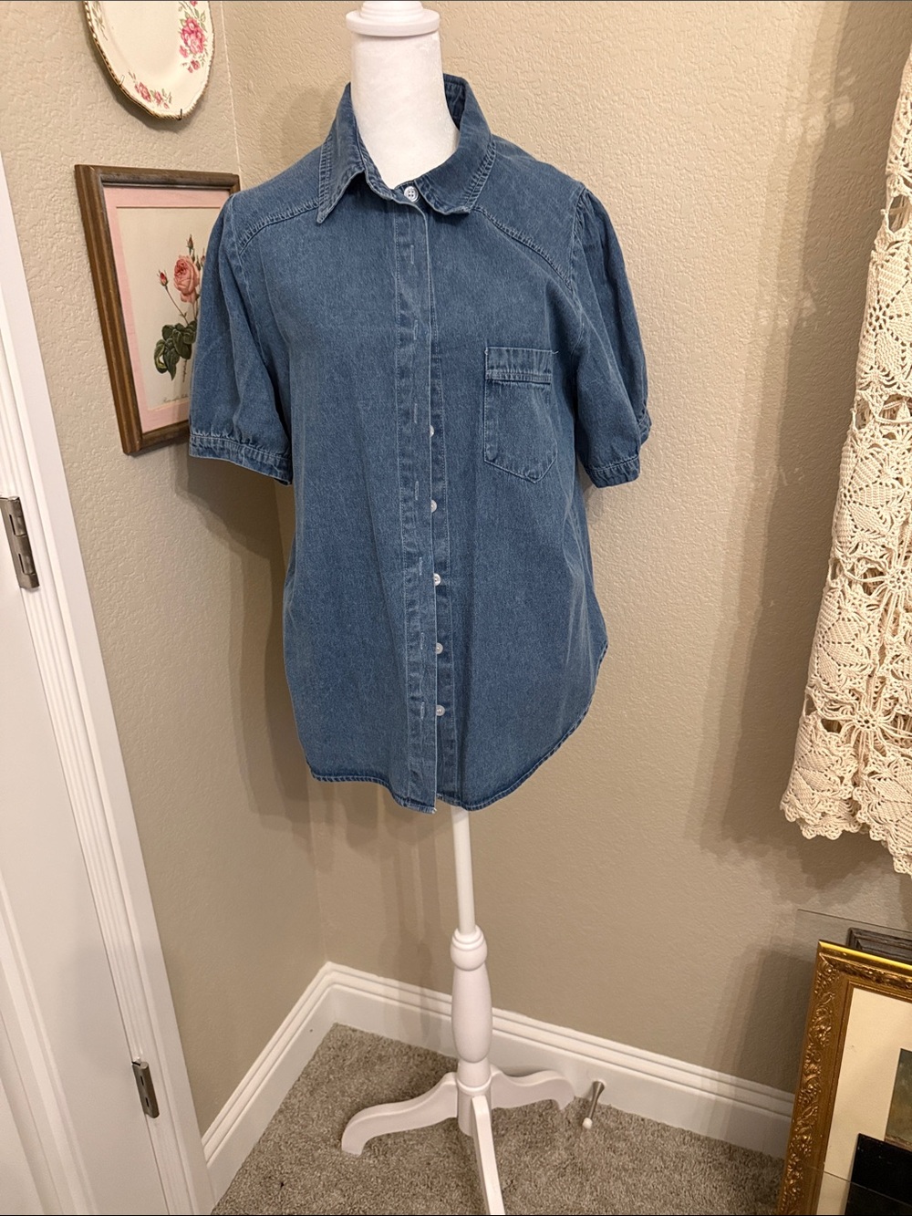 Classic Blue Denim Short-Sleeve Button-Up Blouse